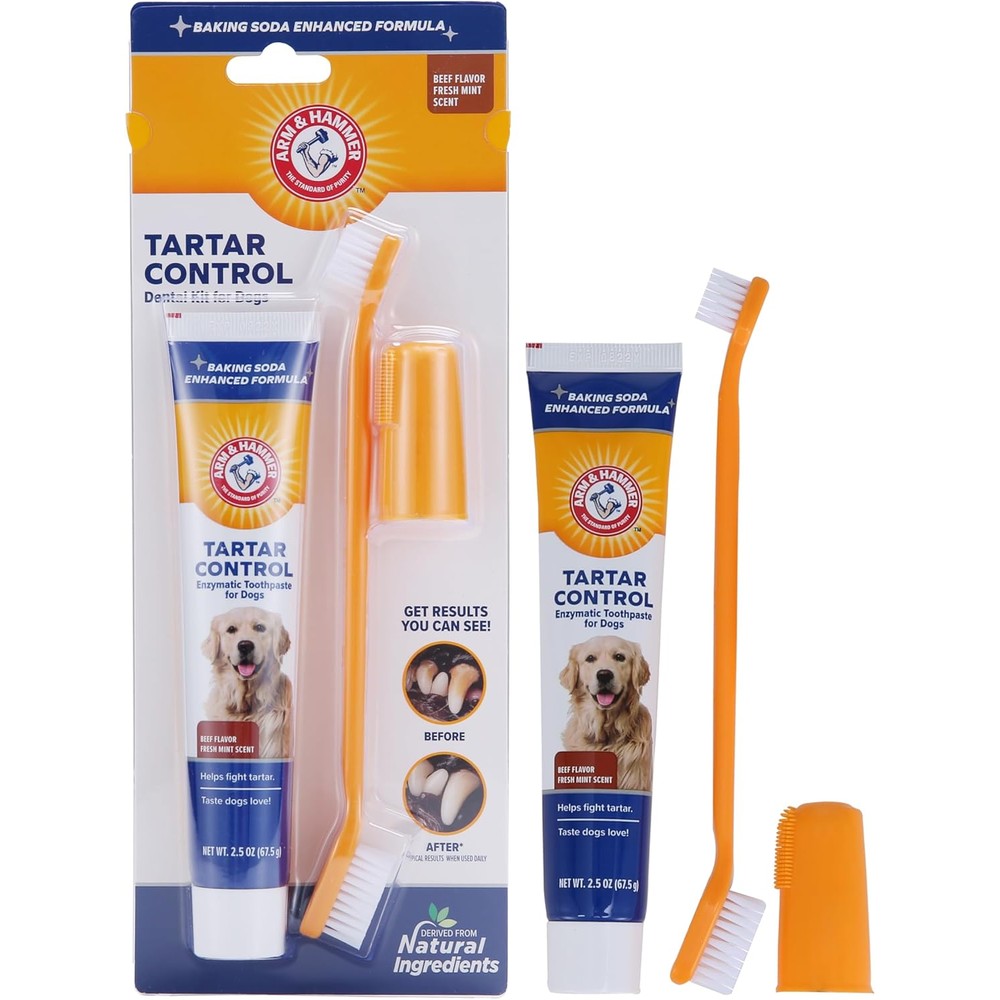 Arm And Hammer For Pets Tartar Control Dog Dental Kit With Enzymatic Toothpaste And Dual Headed Toothbrush And Fingerbrush 2.5 Ounce Beef Flavor