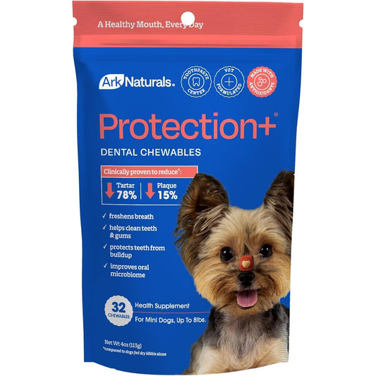 Ark Naturals Protection Plus Brushless Toothpaste For Mini Breeds, Dental Chew With Toothpaste Center, 4 Ounce Bag