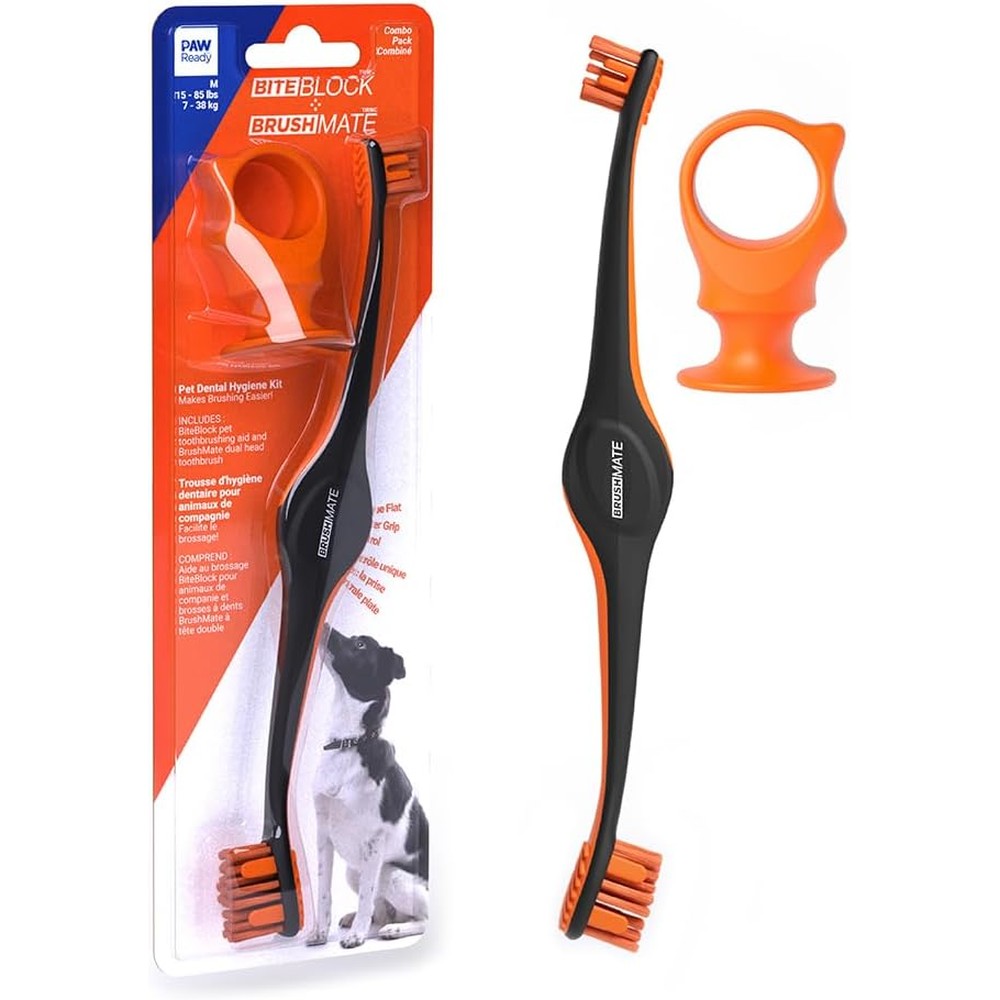 Brushmate Pet Toothbrush And Bite Block Combo Pack For Medium Dogs And Cats Between 15 To 85 Pounds Orange