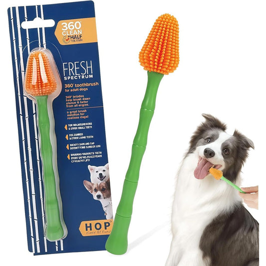 Histotree Hop Dog Toothbrush 360 Degrees Soft Silicone Bristles Green Bamboo-Shaped Long Handle Pet Dental Cleaning Tool 17.5 Centimeters