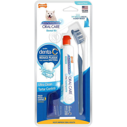 Nylabone Advanced Oral Care Dog Dental Kit Original Flavor For Adult Dogs Includes Angled Toothbrush Finger Brush And Two Point Five Ounce Toothpaste