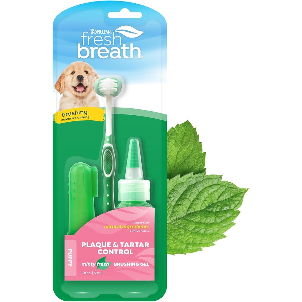 TropiClean Fresh Breath Puppy Oral Care Kit Toothbrush and Dental Gel for Teeth Cleaning Plaque and Tartar Removal Mint Flavor 59 Milliliters