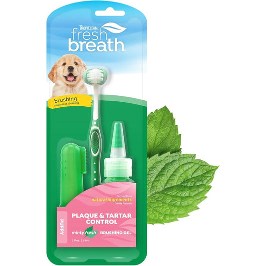 TropiClean Fresh Breath Puppy Oral Care Kit Toothbrush and Dental Gel for Teeth Cleaning Plaque and Tartar Removal Mint Flavor 59 Milliliters