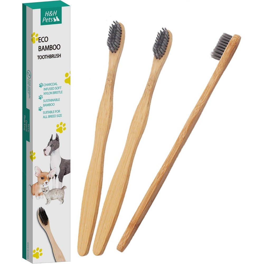 H&H Pets Bamboo Toothbrush Set For Dogs And Cats, Ultra Soft Bristles And Biodegradable Wooden Toothbrush For Pet Dental Care, Large, 3 Count Pack