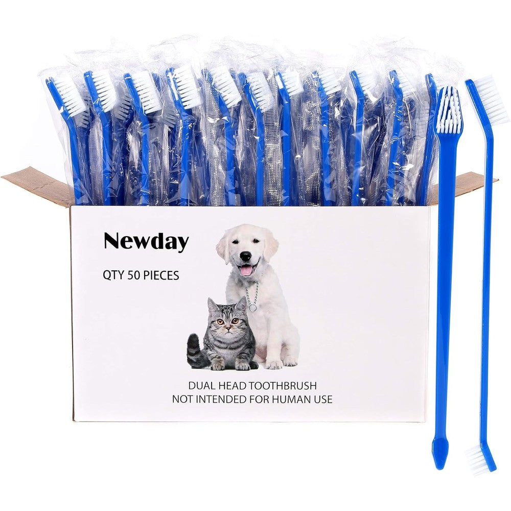 Newday 50 Pieces Double-Headed Dog And Cat Pet Toothbrush Set With Super Soft Bristles For Dental Hygiene And Teeth Cleaning In Blue
