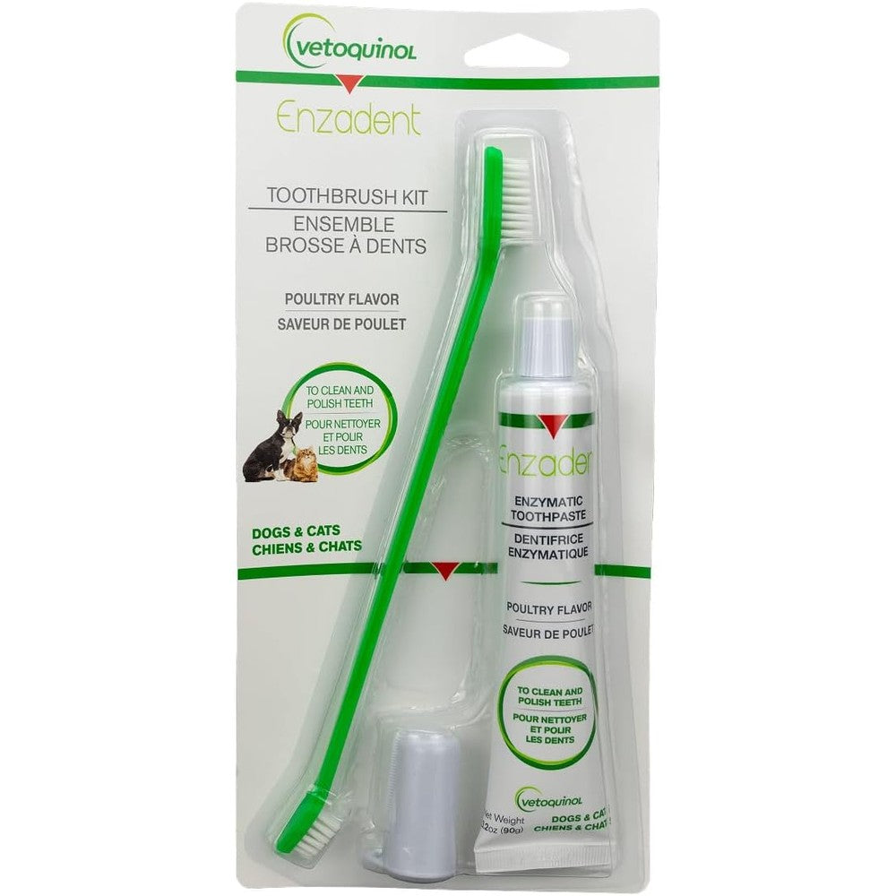 Vetoquinol Enzadent Enzymatic Toothpaste Kit With Fingerbrush And Dual Ended Toothbrush For Cats And Dogs Poultry Flavor Three Point Two Ounce