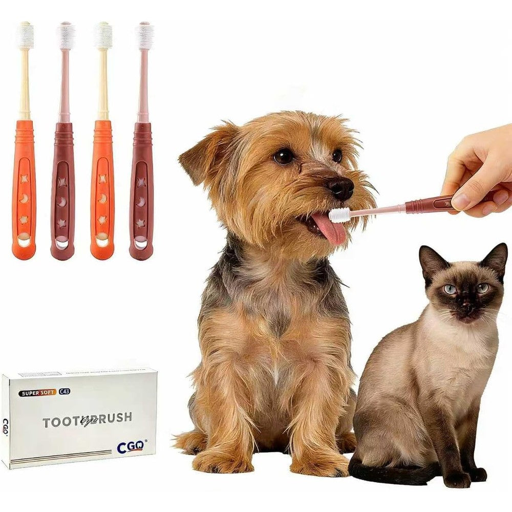 CGO 360 Degrees Silicone Pet Toothbrush For Small Dogs And Cats, 4 Pack Round Head Brush With Extra Soft Bristles, 2 Orange And 2 Brown
