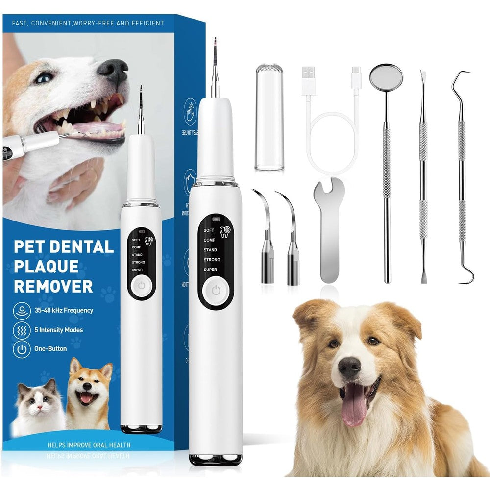 Qvkhpcl Dog Teeth Cleaning Kit With Ultrasonic Plaque And Tartar Remover Electric Toothbrush For Dogs And Cats With Led Light White