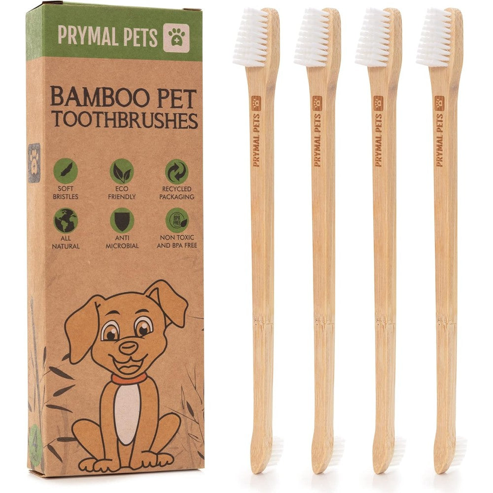 Prymal Pets Bamboo Dog Toothbrush 4-Pack Two Sided Brush For Small And Large Dogs And Cats With Soft Bristles For Dental Care