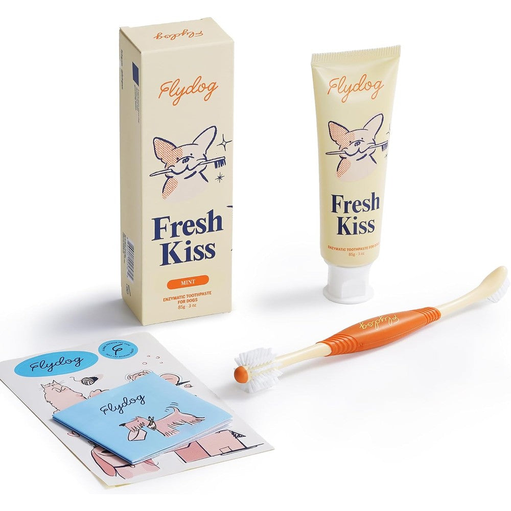 Flydog Fresh Kiss Dog Tooth Brushing Kit With Enzymatic Toothpaste And 360 Degree Toothbrush For Tartar Removal And Breath Freshening Mild Mint