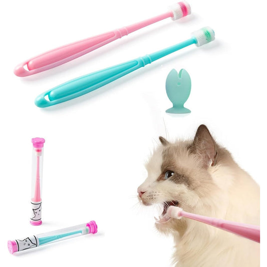 E.M&S.T By Emmeliestella Small Dog And Cat 360 Degree Soft Silicone Toothbrush Set With Suction Cup Holder Light Blue And Light Pink 3 Pieces