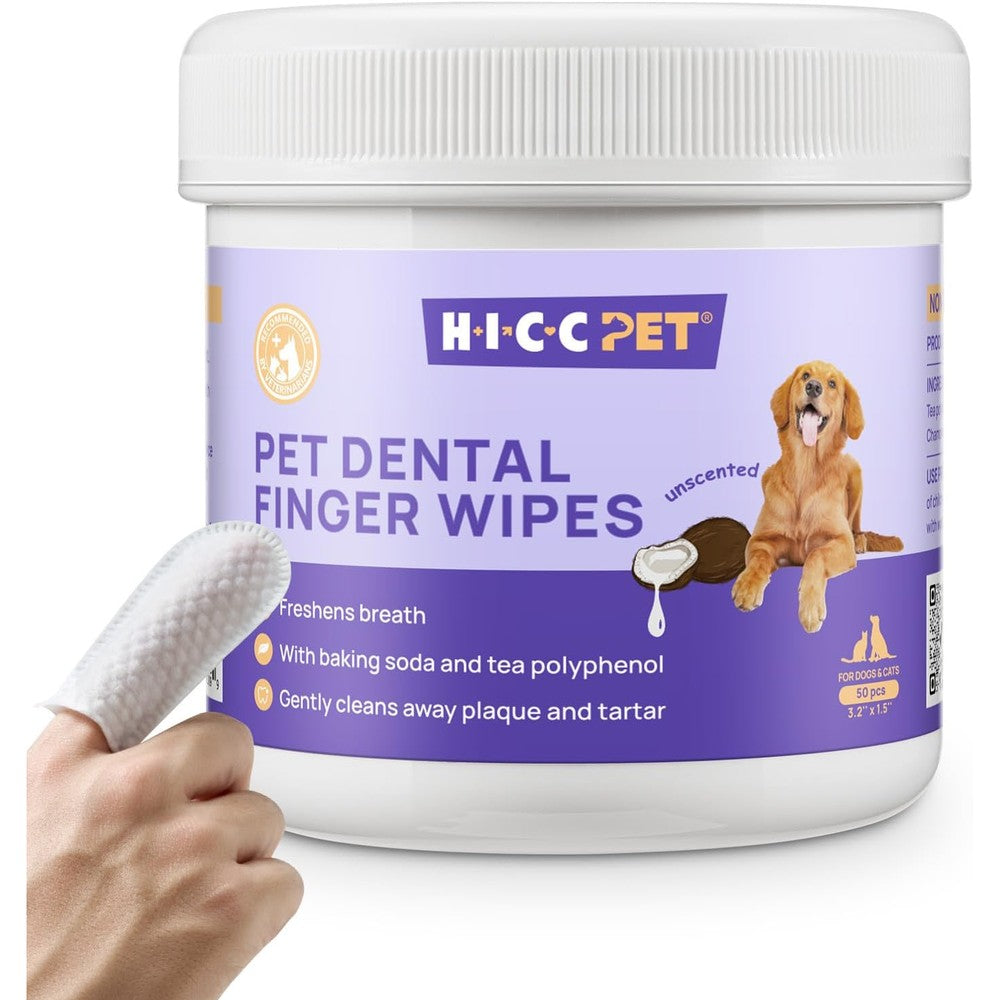 Hicc Pet Teeth Cleaning Wipes For Dogs And Cats, Vet Recommended Dental Finger Wipes For Plaque And Tartar Removal, 50 Count