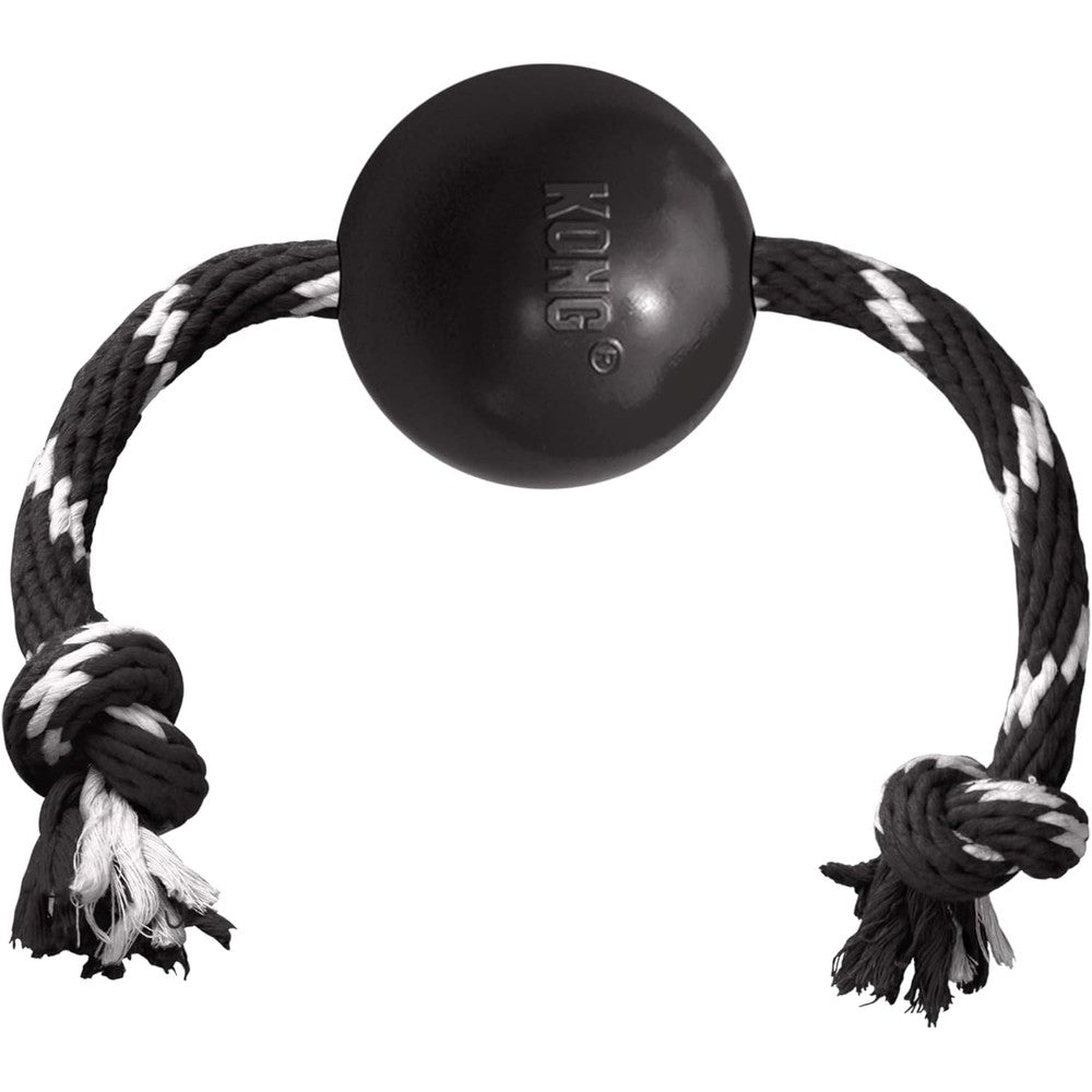 KONG Extreme Ball With Rope Durable Rubber Dog Fetch And Tug Toy For Large Breeds Black Large Size