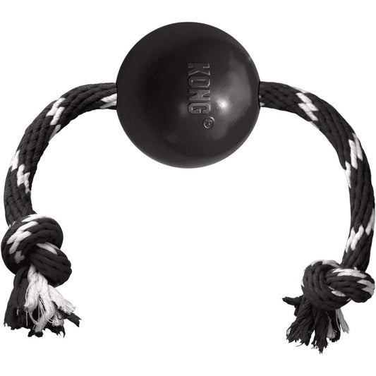 KONG Extreme Ball With Rope Durable Rubber Dog Fetch And Tug Toy For Large Breeds Black Large Size