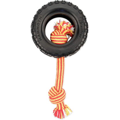 Mammoth Pet Products TireBiter2 Tug And Toss Heavy Duty Natural Rubber Tire Dog Toy With Cotton Poly Rope For Large Dogs Up To Ninety Pounds