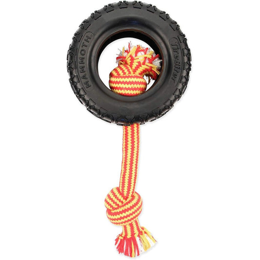 Mammoth Pet Products TireBiter2 Tug And Toss Heavy Duty Natural Rubber Tire Dog Toy With Cotton Poly Rope For Large Dogs Up To Ninety Pounds
