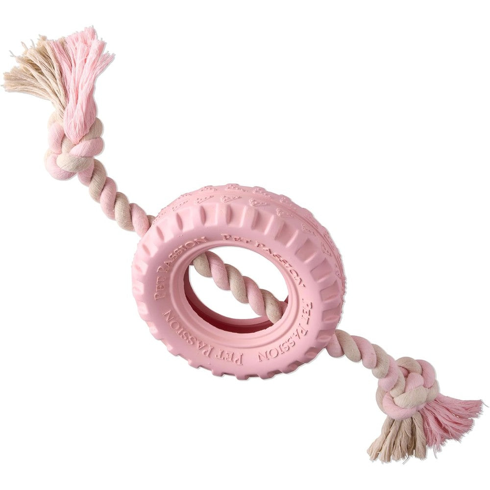 Pet Passion Natural Rubber Tire And Organic Cotton Rope Pull And Chew Dog Toy For All Pet Breeds Blush Small