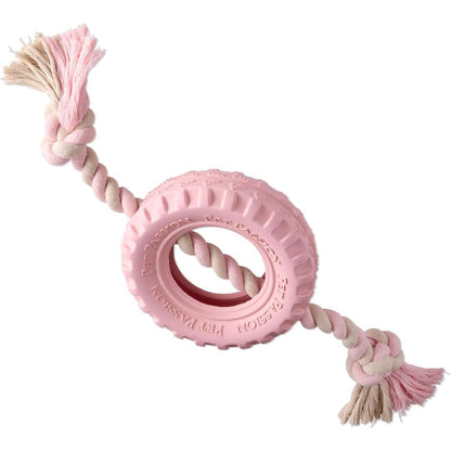 Pet Passion Natural Rubber Tire And Organic Cotton Rope Pull And Chew Dog Toy For All Pet Breeds Blush Small