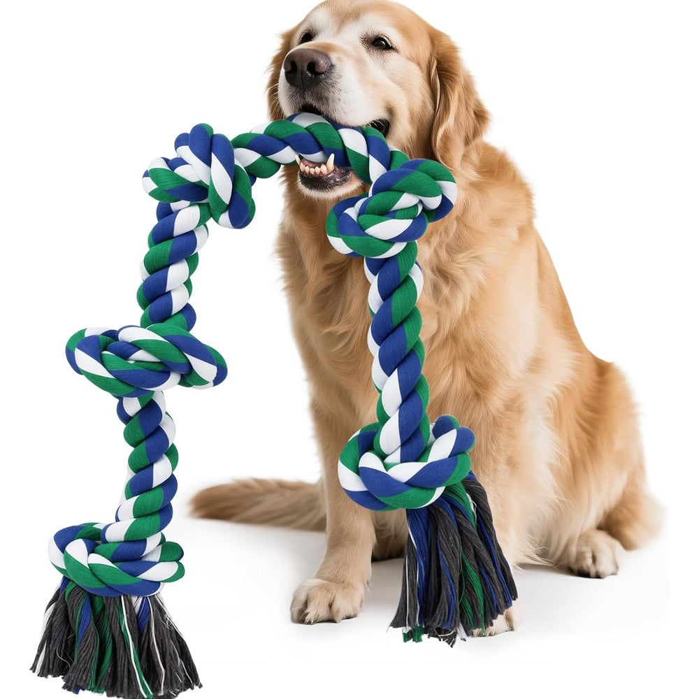 SZEE Dog Rope Toy For Large Dogs Heavy Duty 37 Inch 5 Knots Tug Of War Rope For Aggressive Chewers Green And Blue