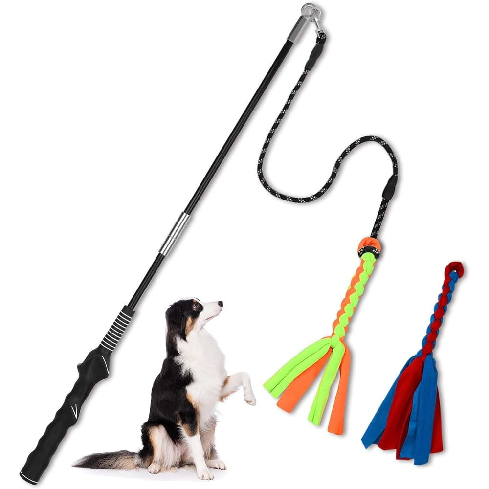 SYOOY Flirt Pole For Dogs Interactive Teaser Wand Play Pole With Two Replaceable Fleece Rope Lures For Small Medium And Large Breeds Black And Yellow