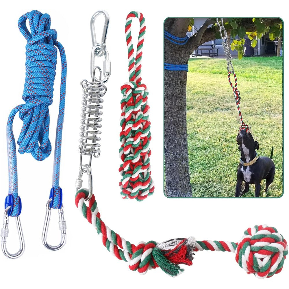 HOPET Dog Outdoor Bungee Hanging Toy Heavy Duty Tether Tug Of War Toy With Stainless Steel Spring Pole Kit And Two Cotton Chew Ropes For Medium To ...