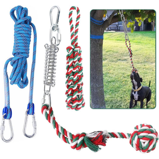 HOPET Dog Outdoor Bungee Hanging Toy Heavy Duty Tether Tug Of War Toy With Stainless Steel Spring Pole Kit And Two Cotton Chew Ropes For Medium To ...