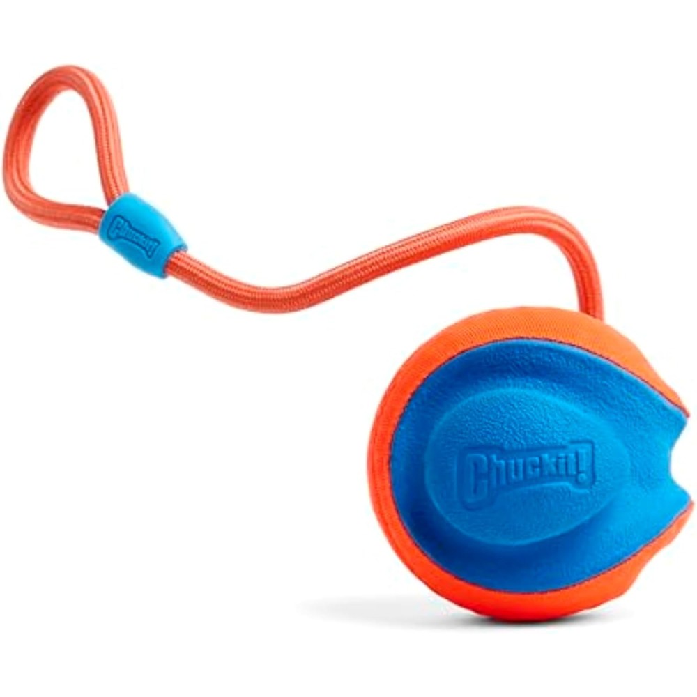 Chuckit! Rope Fetch Interactive Dog Toy For Fetch And Tug Of War Made With Durable Rubber And Polyester Oxford Orange And Blue 5.5 Inch Diameter
