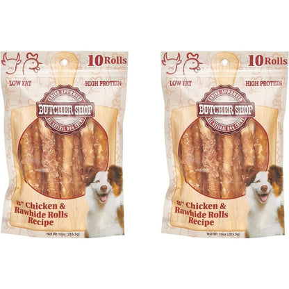 Butcher Shop 8 Inch Chicken And Rawhide Rolls Dog Treats High Protein Snack For Pups And Adult Dogs Two Pack 10 Ounces Per Pack
