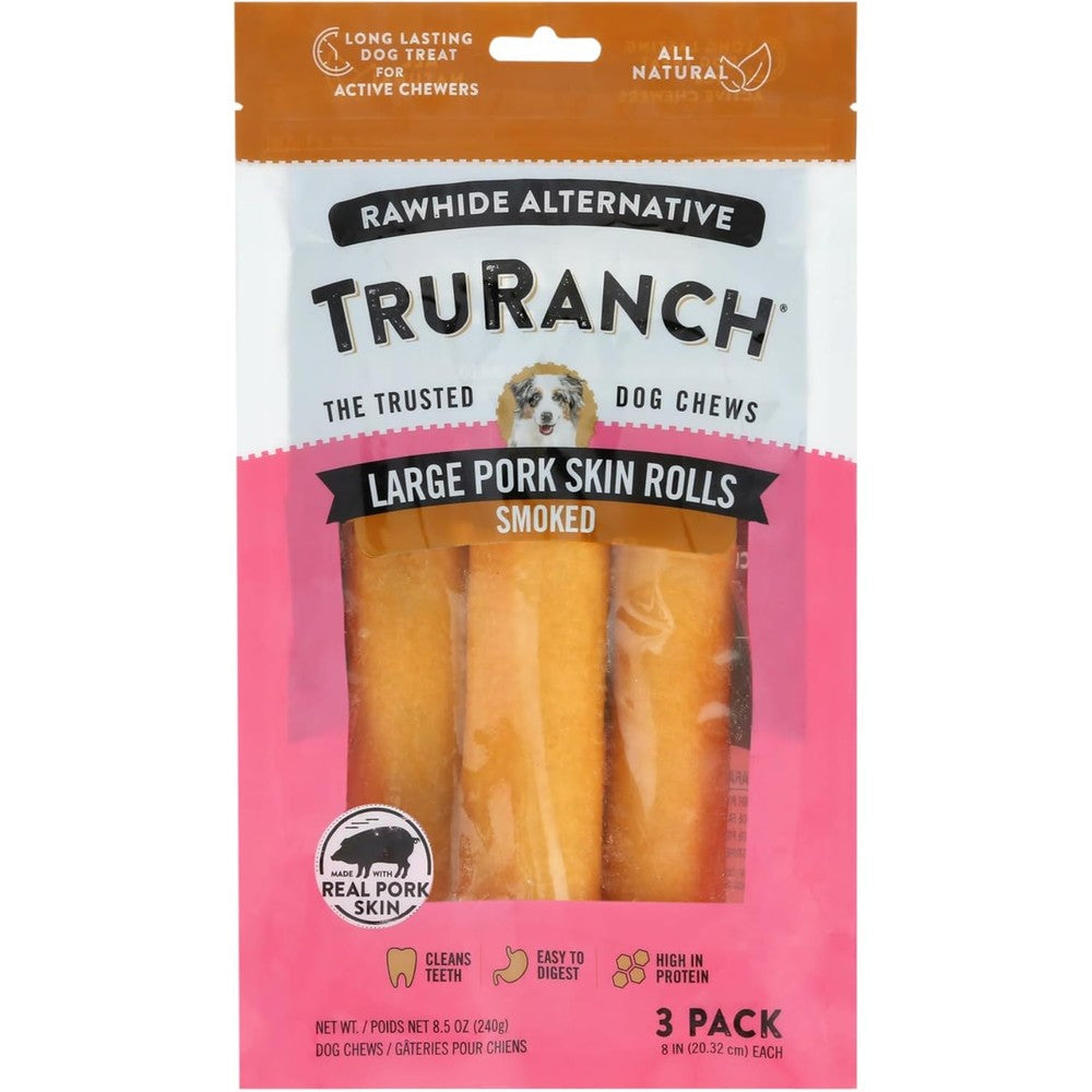 Truranch Large Pork Skin Rolls Smoked Collagen Chews For Dogs All Natural Rawhide Alternative Easy To Digest Premium Dog Treats One Bag Three Count