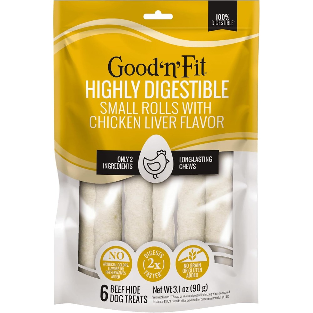 Good 'N' Fit Rolls Made With Real Chicken Liver Flavor Long Lasting And Highly Digestible Rawhide Chews For Small Dogs 6 Count