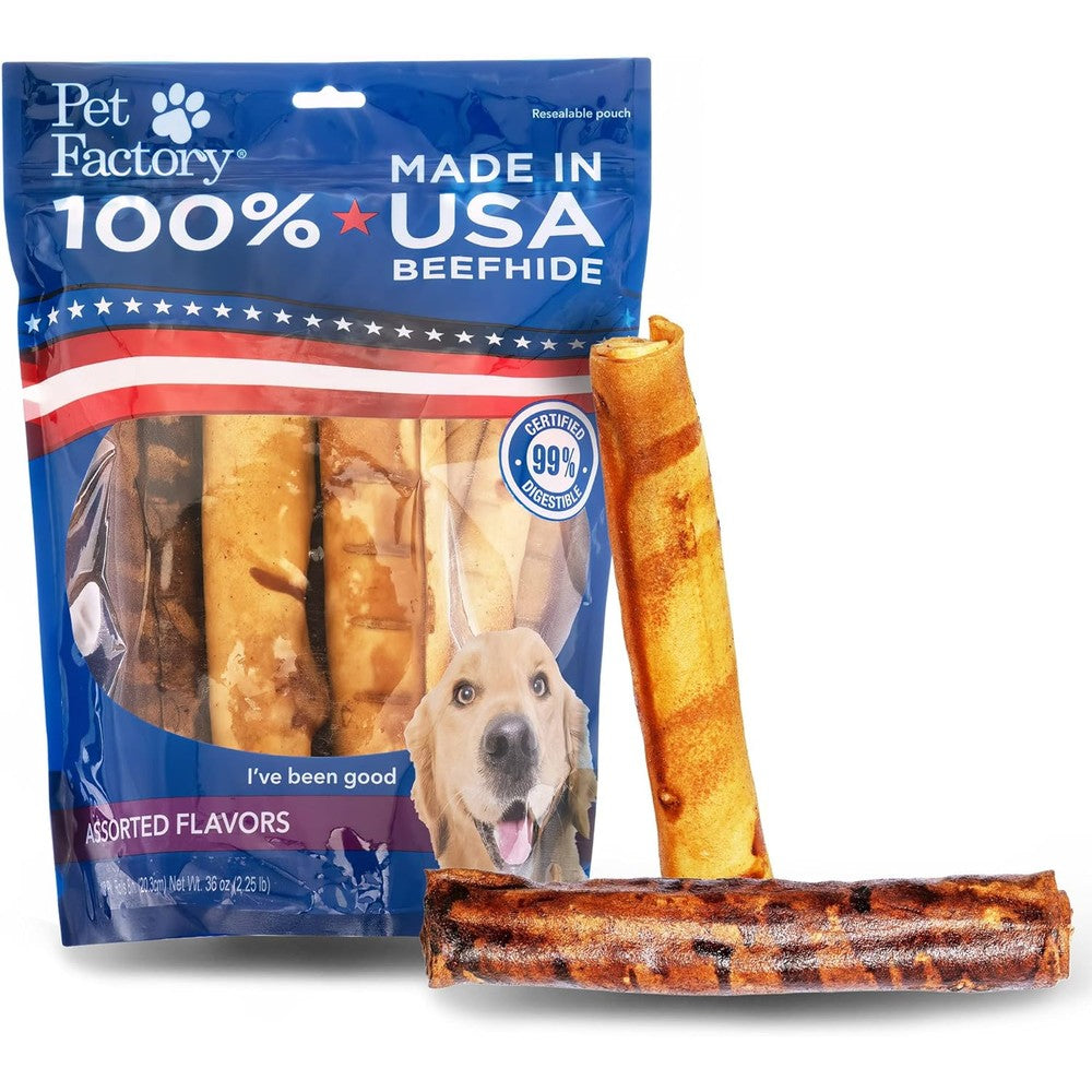 Pet Factory 100% Made In USA Premium Beefhide 8 Inch Rolls Dog Chew Treats Assorted Beef And Chicken Flavor Long Lasting Rawhide 10 Count 1 Pack