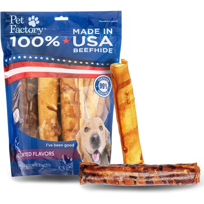 Pet Factory 100% Made In USA Premium Beefhide 8 Inch Rolls Dog Chew Treats Assorted Beef And Chicken Flavor Long Lasting Rawhide 10 Count 1 Pack