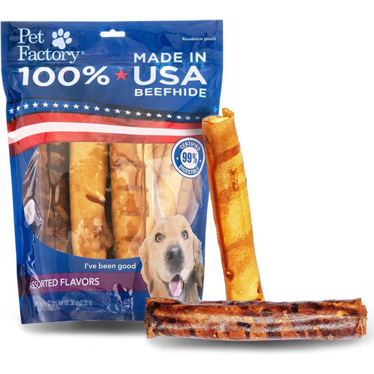 Pet Factory 100% Made In USA Premium Beefhide 8 Inch Rolls Dog Chew Treats Assorted Beef And Chicken Flavor Long Lasting Rawhide 10 Count 1 Pack