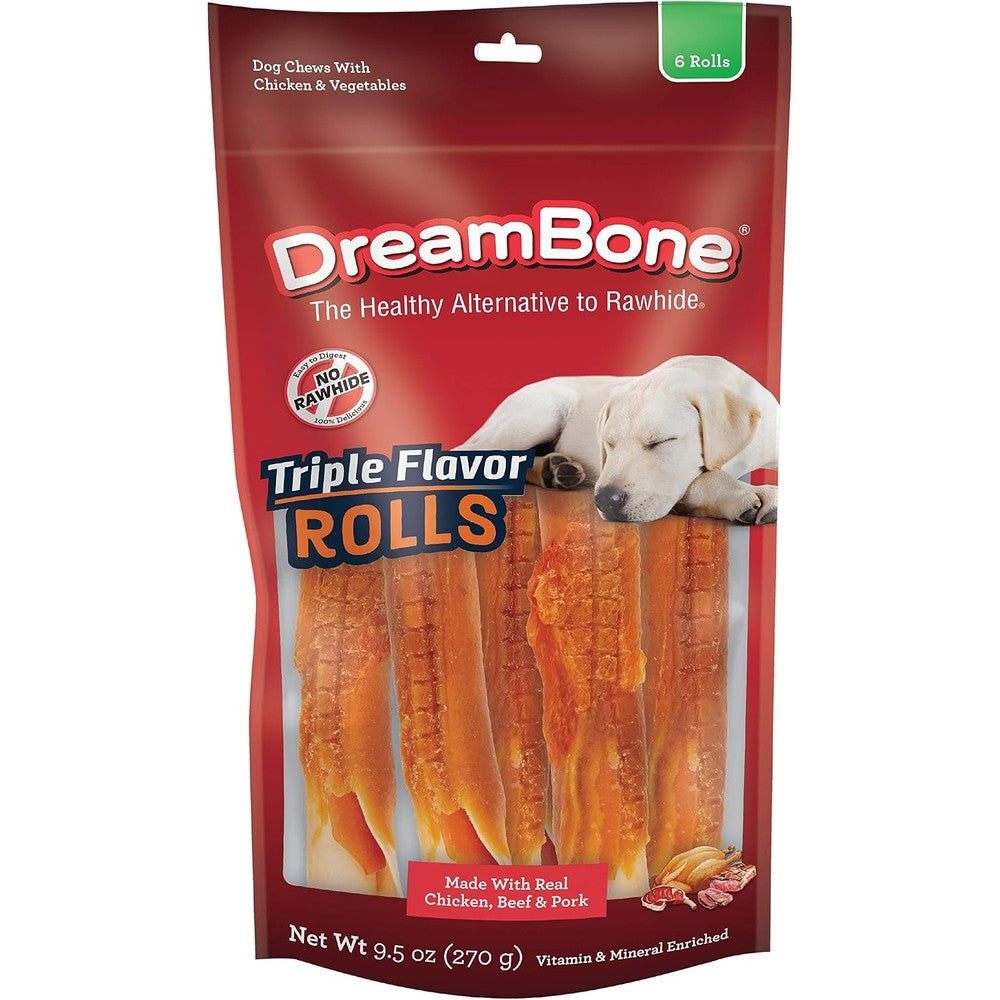 DreamBone Triple Flavor Rolls 6 Count Rawhide Free Chew Rollers For Dogs Enriched With Vitamins And Minerals Easy To Digest Dog Treats