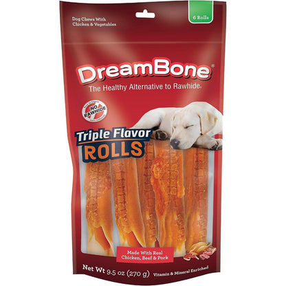 DreamBone Triple Flavor Rolls 6 Count Rawhide Free Chew Rollers For Dogs Enriched With Vitamins And Minerals Easy To Digest Dog Treats