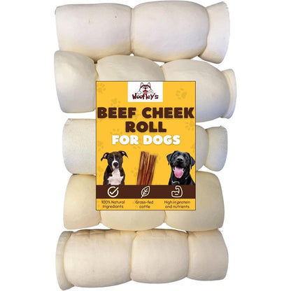 Woofley's 5-6 Inch Buffalo Beef Cheek Roll For Dogs Long Lasting All Natural Rawhide Free Dental Chew Treats Pack Of 5 Count