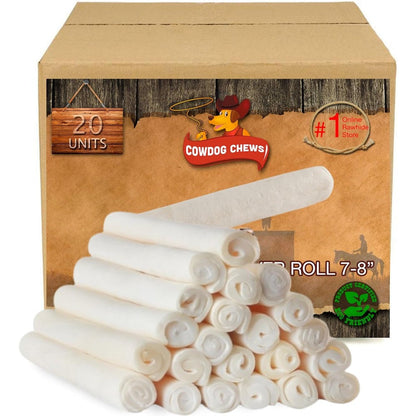 Cowdog Chews Beefhide Roll Seven to Eight Inch Long Lasting Dog Treat Bone for Aggressive Chewers Twenty Count