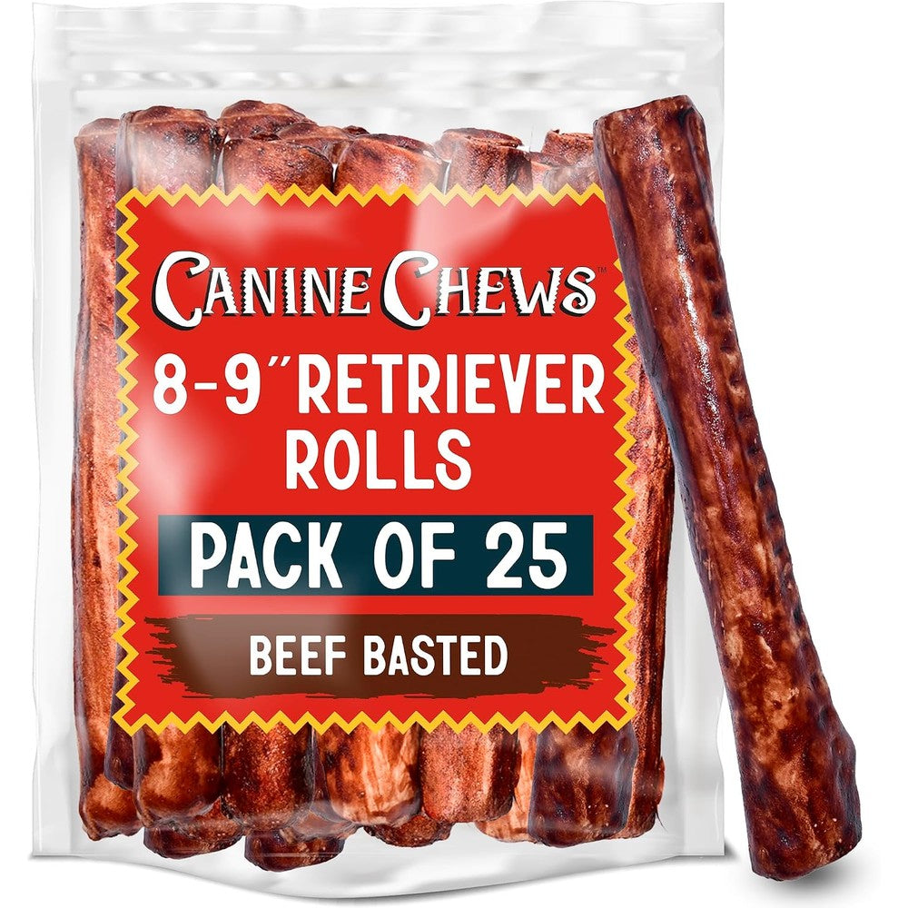 Canine Chews Eight To Nine Inch Beef Basted Rawhide Rolls Durable Long Lasting Dog Chew Bones For Medium And Large Breeds Twenty Five Pack