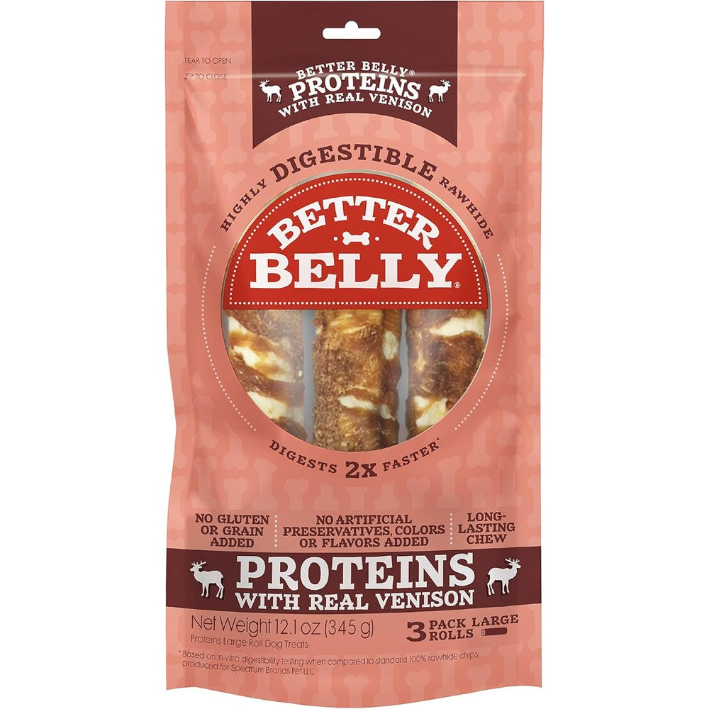 Better Belly Proteins With Real Venison Large Rolls Highly Digestible Rawhide Dog Treats 12.1 Ounce 3 Count