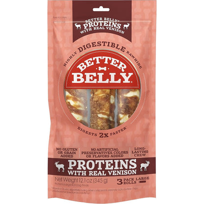 Better Belly Proteins With Real Venison Large Rolls Highly Digestible Rawhide Dog Treats 12.1 Ounce 3 Count