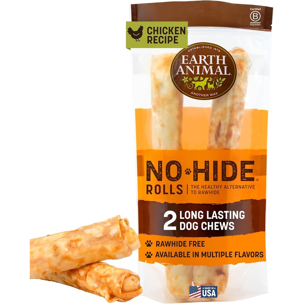Earth Animal No Hide Chews Long Lasting Rawhide Free Large Dog Chews Rolls Chicken Flavor Two Count