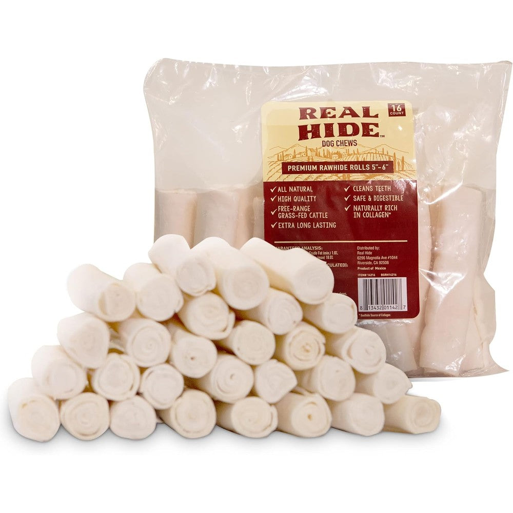 Real Hide All Natural Dog Chew Treats Premium Rawhide Rolls Long Lasting Grass Fed Free Range Beef Hide for Small and Medium Dogs 16 Count