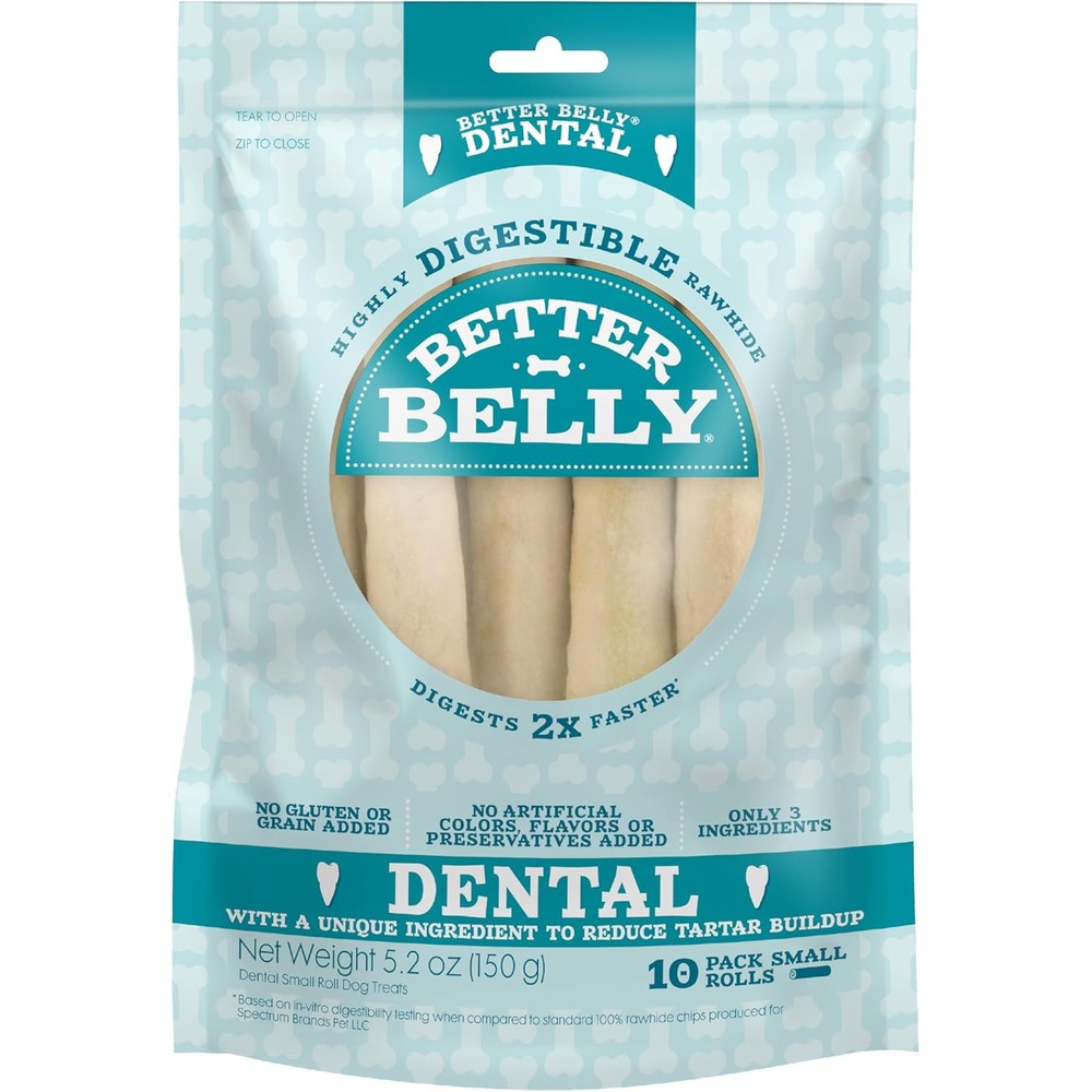 Better Belly Highly Digestible Rawhide Dental Chews Chicken Flavor Small Rolls 10 Count
