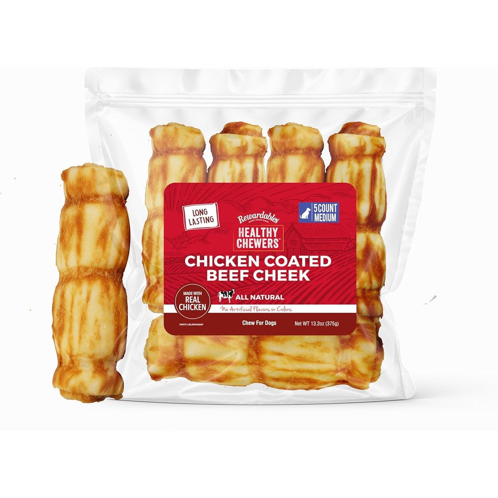 Rewardables Chicken Coated Beef Cheek Rolls For Dogs Medium Five Pack Five Inch Long Lasting All Natural Rawhide Free Dog Chews