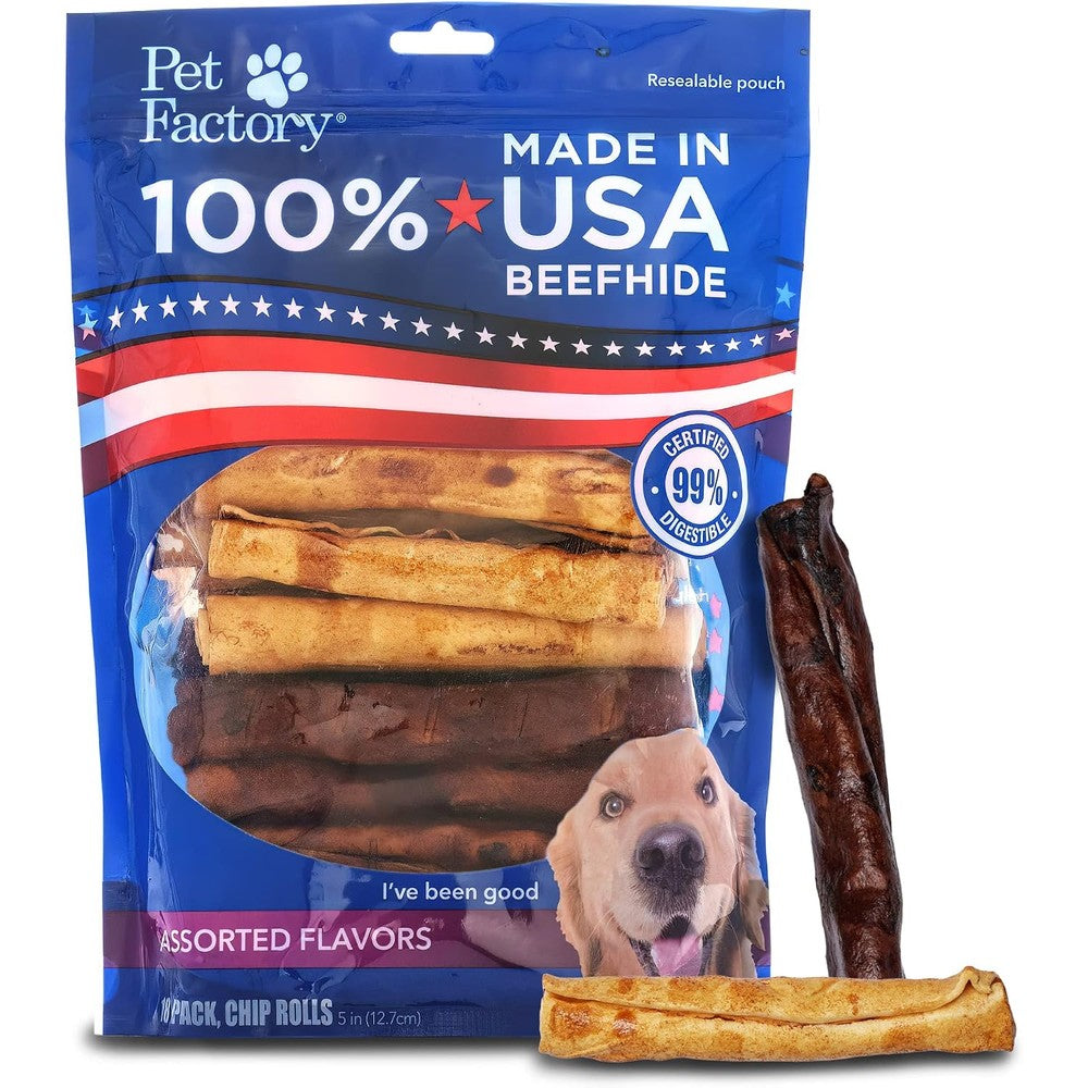 Pet Factory One Hundred Percent Made In USA Beefhide Five Inch Chip Rolls Dog Chew Treats Assorted Beef And Chicken Flavor Eighteen Count One Pack