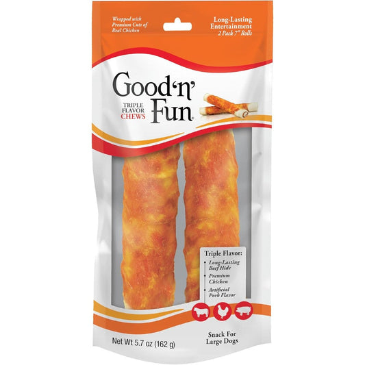 Good 'n' Fun Triple Flavor Rolls Long Lasting Dog Treat For Large Dogs With Real Chicken Beef Hide And Pork Flavors Two Count