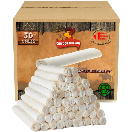 Cowdog Chews Five To Six Inches Rawhide Retriever Roll Chewing Dog Treat One Hundred Percent Natural Grass Fed Livestock Sourced Fifty Pack
