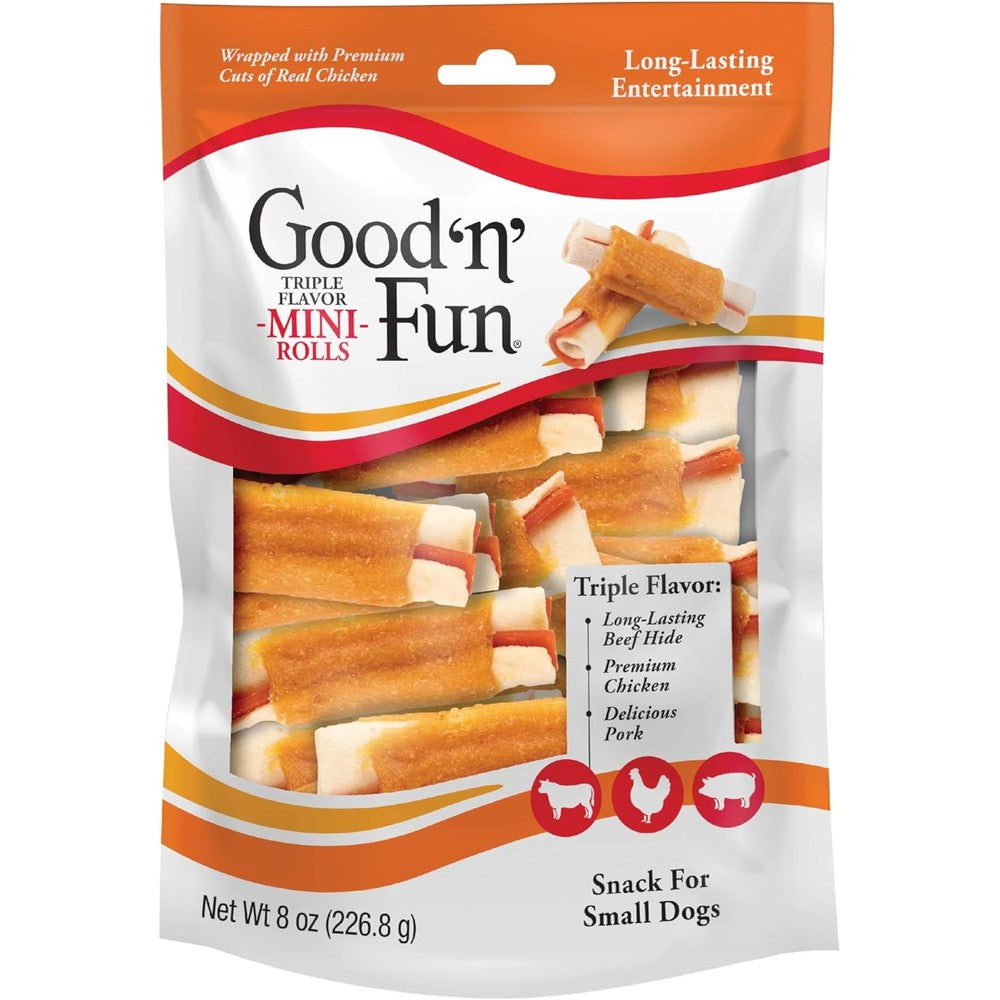 Good 'n' Fun Triple Flavor Mini Rolls Long Lasting Chew Treats For Small Dogs With Premium Chicken Beef Hide And Pork Eight Ounce Pack