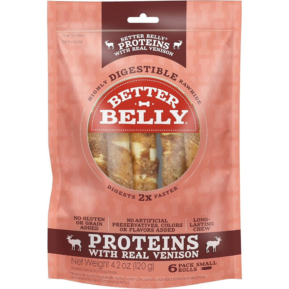 Better Belly Proteins With Real Venison Small Rolls Highly Digestible Rawhide Dog Treats 6 Count 4.2 Ounce