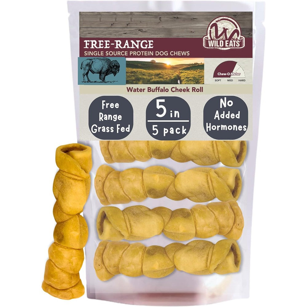 Wild Eats Water Buffalo Retriever Style Cheek Roll Dog Chews Long Lasting Treats For Aggressive Chewers And Large Dogs 5 Pack